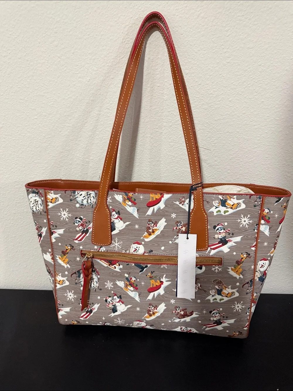 Dooney & Bourke Brown Leather-Trim Disney Skiing Print Tote